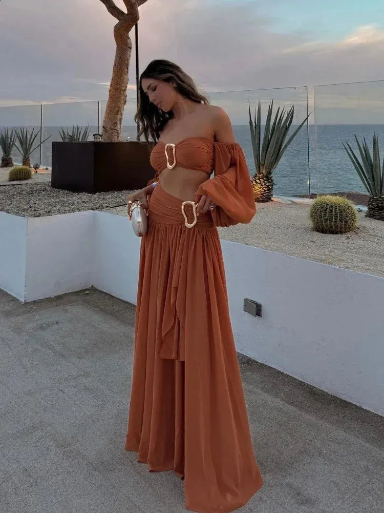 Women Sexy Pleated Skirt Sets Splited Chic Long Lantern Bust Sleeve Off Shoulder Wrapped Tanks Suits Lady Holiday Outfits Party