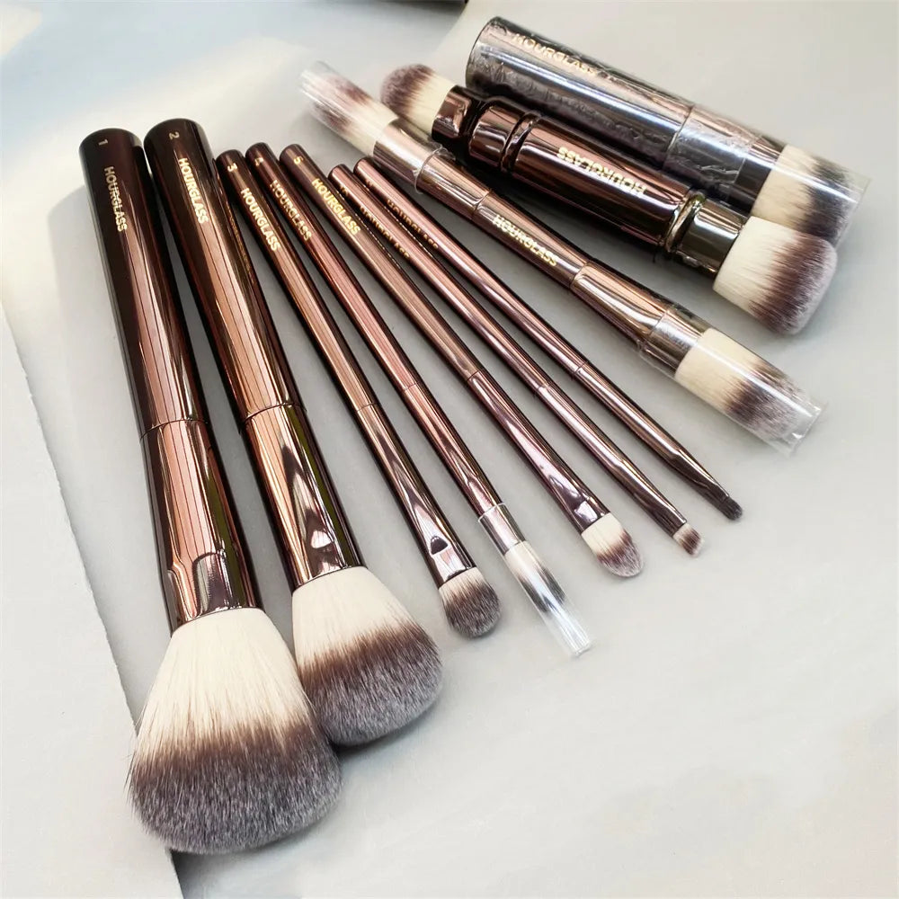 Hourglass Makeup Brushes Set 10Pcs Cosmetic Brush for Face Powder Blush Eye Shadow Crease Concealer Brow Liner Smudger Dark-Bronze