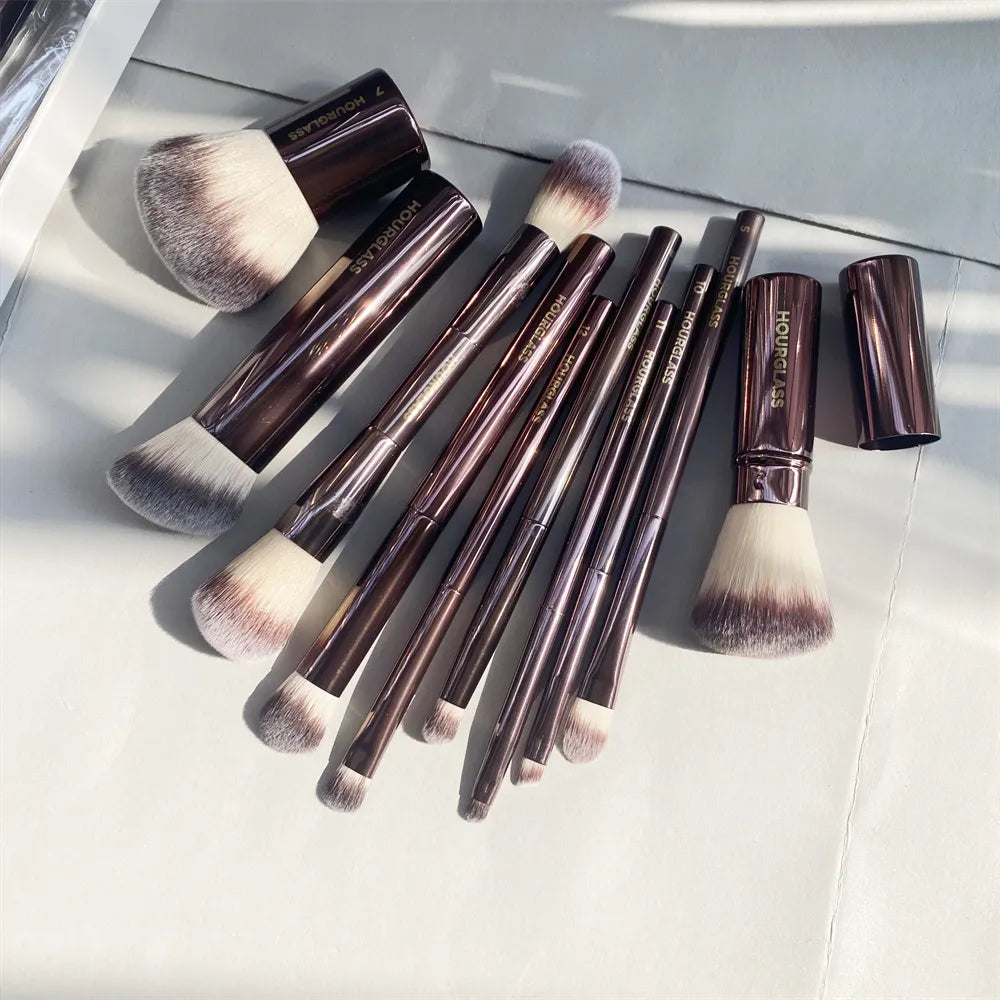 Hourglass Makeup Brushes Set 10Pcs Cosmetic Brush for Face Powder Blush Eye Shadow Crease Concealer Brow Liner Smudger Dark-Bronze