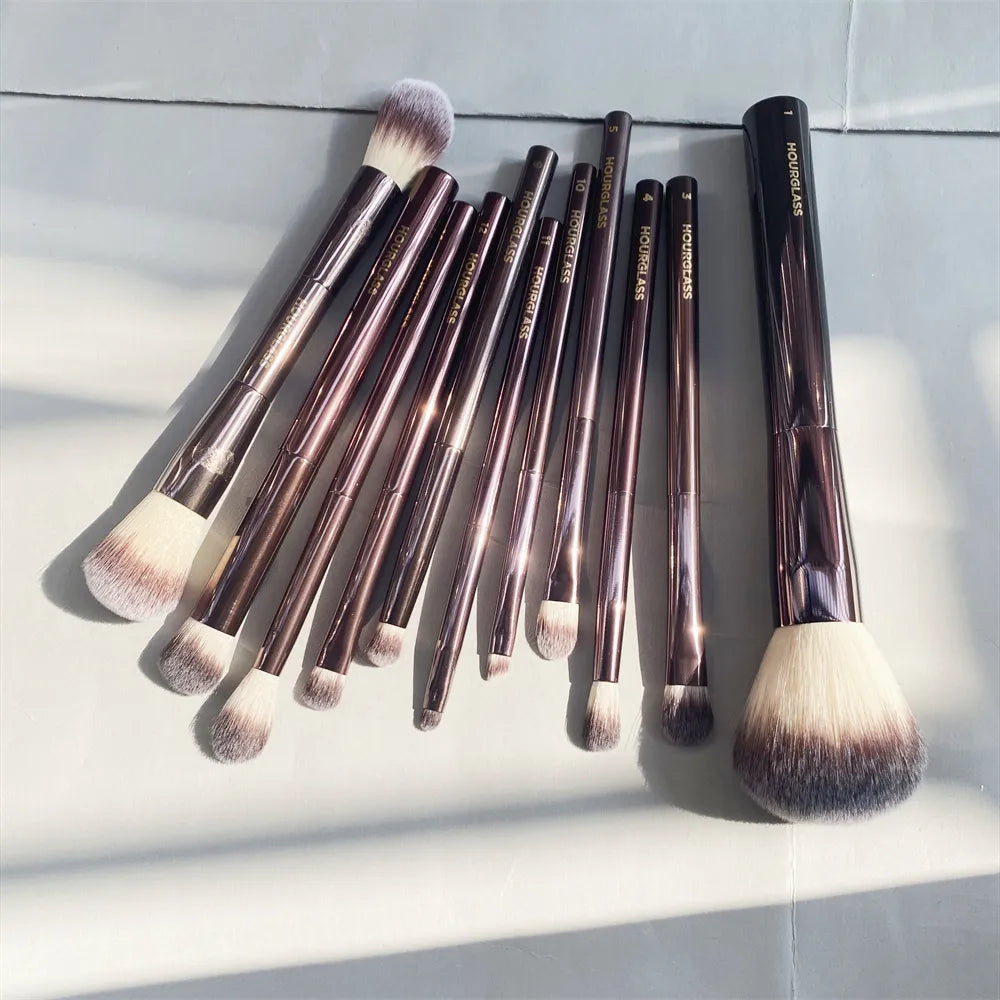 Hourglass Makeup Brushes Set 10Pcs Cosmetic Brush for Face Powder Blush Eye Shadow Crease Concealer Brow Liner Smudger Dark-Bronze