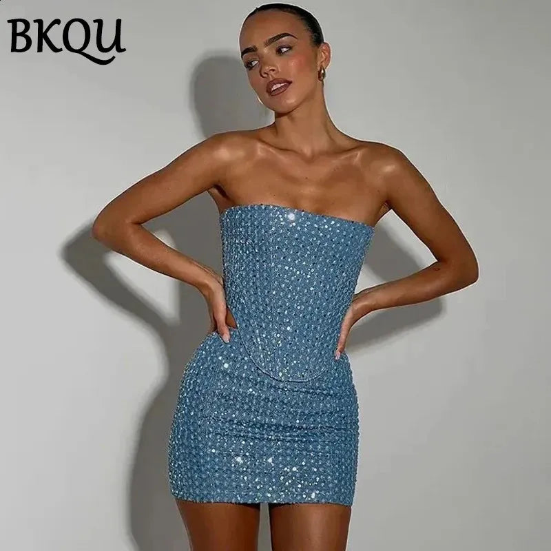 BKQU Women Sequined Denim Two Piece Sets Sexy Strapless Corset Tank Tops and Mini Skirt 2024 Summer Party Nightclub Outfits