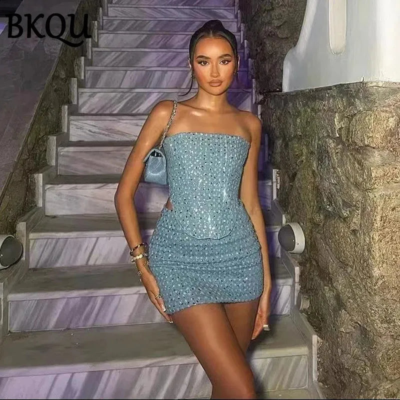 BKQU Women Sequined Denim Two Piece Sets Sexy Strapless Corset Tank Tops and Mini Skirt 2024 Summer Party Nightclub Outfits