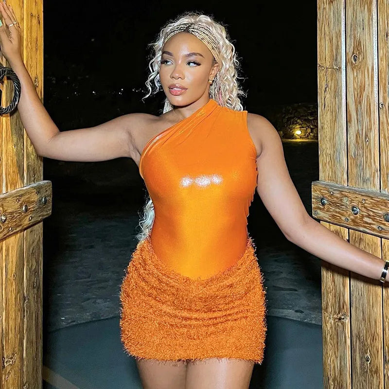 Two Piece Dress ANJAMANOR 2 Set Fuzzy Skirt and One Shoulder Bodysuit Top Orange Sexy Club Outfits Bodycon Dresses for Women