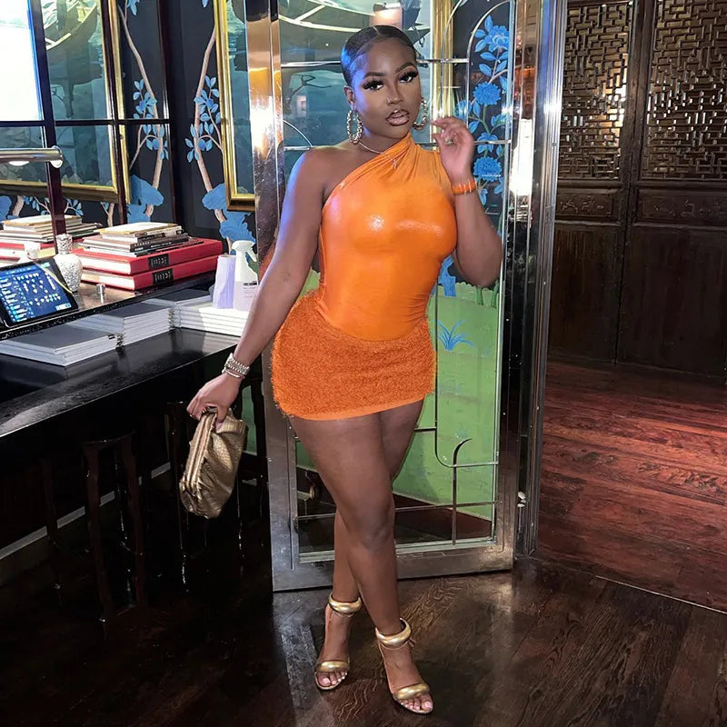 Two Piece Dress ANJAMANOR 2 Set Fuzzy Skirt and One Shoulder Bodysuit Top Orange Sexy Club Outfits Bodycon Dresses for Women