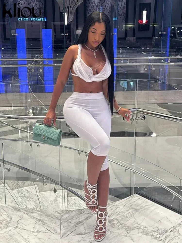 Kliou matching womens 2-piece comfortable suspender ruffled crop canultra-thin elastic shorts womens sexy classic club outfit