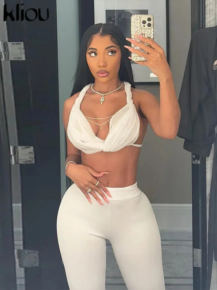 Kliou matching womens 2-piece comfortable suspender ruffled crop canultra-thin elastic shorts womens sexy classic club outfit