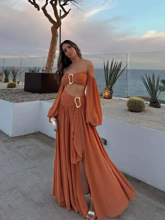 Women Sexy Pleated Skirt Sets Splited Chic Long Lantern Bust Sleeve Off Shoulder Wrapped Tanks Suits Lady Holiday Outfits Party