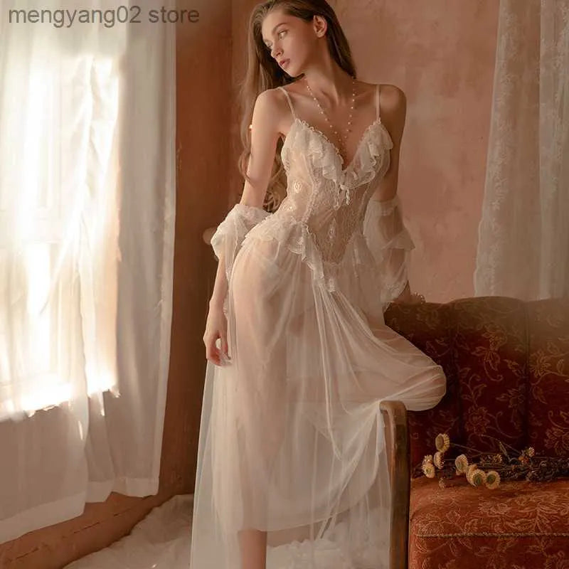Sexy Pyjamas V Neck Sexy Robes Set Transparent Net Yarn Palace Style Long Nightgown See-through Bride Nightwear Robe Lace Sleepwear