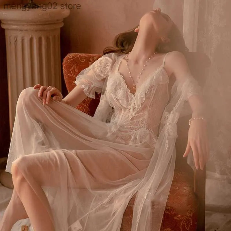 Sexy Pyjamas V Neck Sexy Robes Set Transparent Net Yarn Palace Style Long Nightgown See-through Bride Nightwear Robe Lace Sleepwear