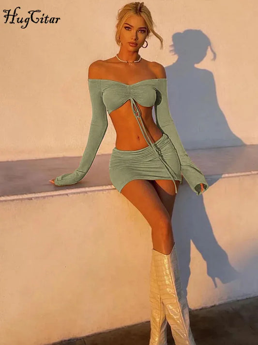 Hugcitar Slash Neck Long Sleeves Shirring Bandage Crop Top Skirts 2 Piece Sets 2024 Fall Winter Rave Vacation Party
