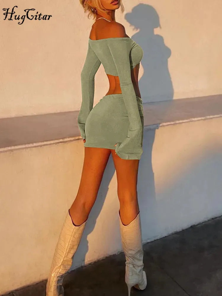 Hugcitar Slash Neck Long Sleeves Shirring Bandage Crop Top Skirts 2 Piece Sets 2025 Fall Winter Rave Vacation Party