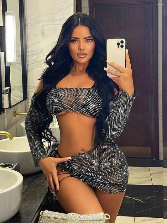 Work Dresses Women Glitter Diamond Backless Crop Tops Sexy 2 Piece Set Crystal Rhinestone Fringe Mini Skirt Club Party Rave Festival Outfit