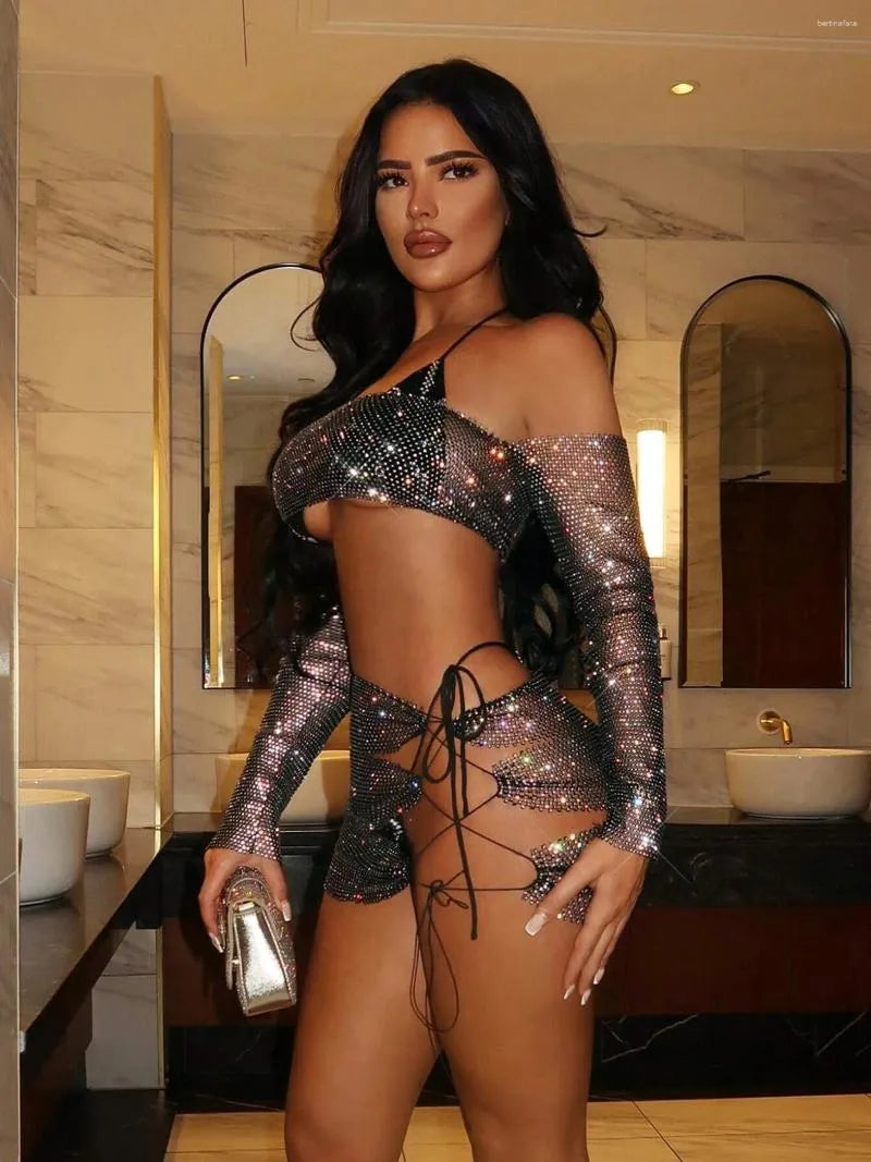 Work Dresses Women Glitter Diamond Backless Crop Tops Sexy 2 Piece Set Crystal Rhinestone Fringe Mini Skirt Club Party Rave Festival Outfit