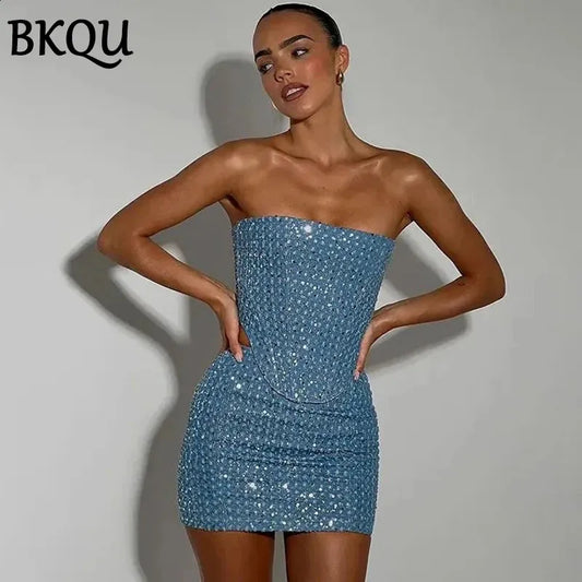 BKQU Women Sequined Denim Two Piece Sets Sexy Strapless Corset Tank Tops and Mini Skirt 2024 Summer Party Nightclub Outfits
