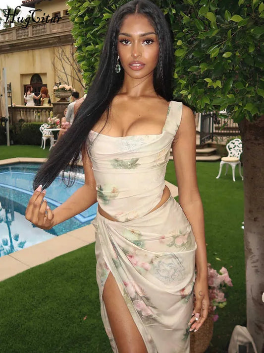 Women Elegant 2 Pcs Sets Floral Print Sexy Crop Tank Top Ruched Slit Maxi Skirt Summer Outfit Beach Festival Party