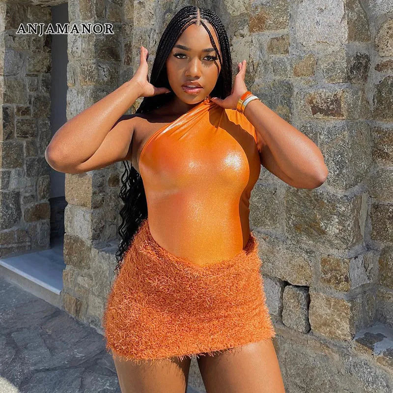 Two Piece Dress ANJAMANOR 2 Set Fuzzy Skirt and One Shoulder Bodysuit Top Orange Sexy Club Outfits Bodycon Dresses for Women