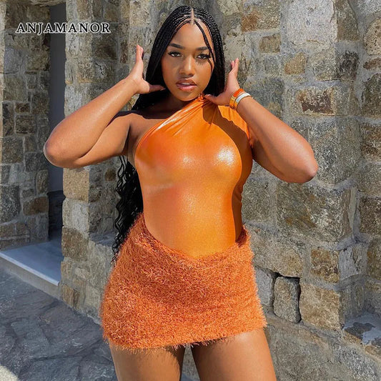 Two Piece Dress ANJAMANOR 2 Set Fuzzy Skirt and One Shoulder Bodysuit Top Orange Sexy Club Outfits Bodycon Dresses for Women