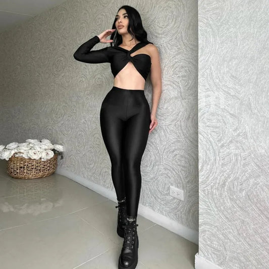 Women's Two Piece Pants Autumn Sexy Bandage Cross Hollow Out One Shoulder Long Sleeve Crop Top Tight Sets Women Outfits
